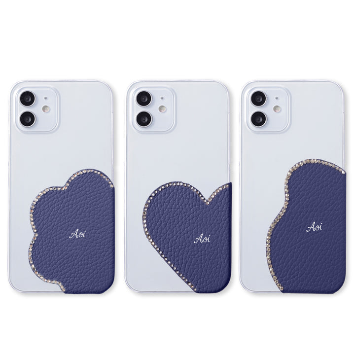 クリアケース 本革 32色 イタリアンシュリンクレザー モチーフカットレザー プリントネーム ストーンデコ 背面ケース