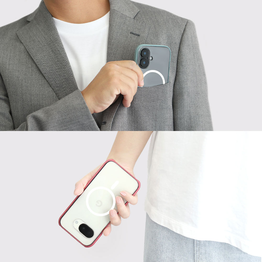 Genuine leather, 32 colors, Italian pebbled leather, MagSafe-compatible, shock-absorbing clear case
