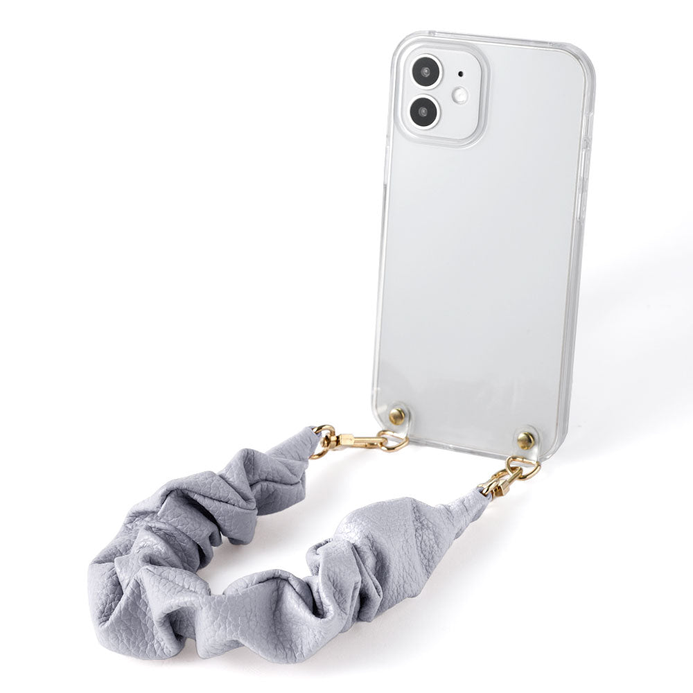 Clear case genuine leather with scrunchie-style short strap back case for iPhone series