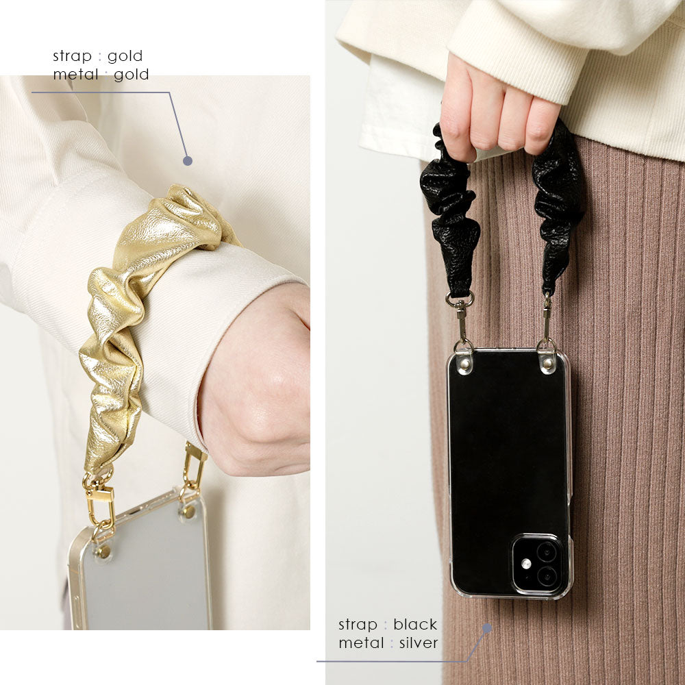 Clear case genuine leather with scrunchie-style short strap back case AQUOS series