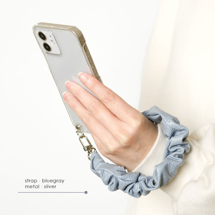 Clear case genuine leather with scrunchie-style short strap back case for iPhone series