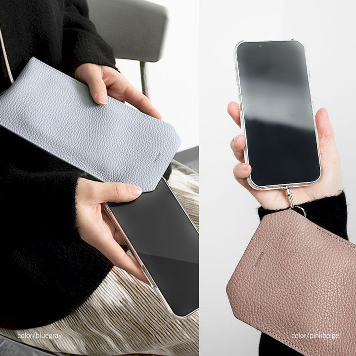 クリアケース 本革 イタリアンシュリンクレザー クロシェット風スマホポーチ付き 背面ケース iPhoneシリーズ