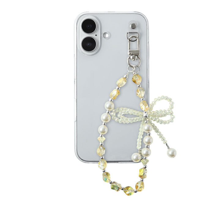 Coque transparente avec breloque perles et ruban, coque arrière