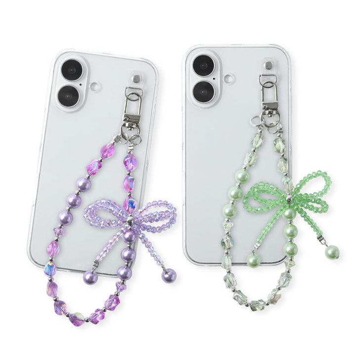 Coque transparente avec breloque perles et ruban, coque arrière