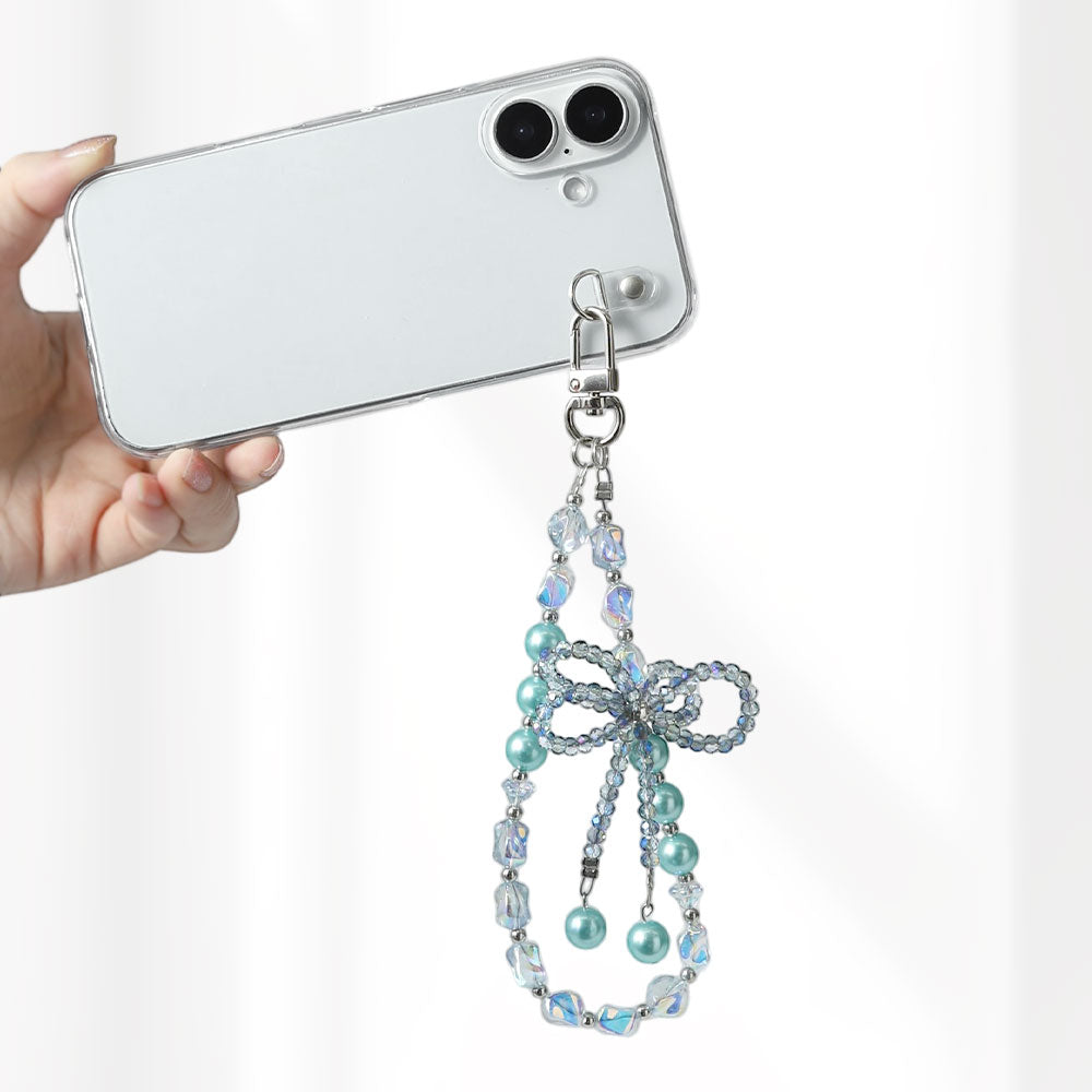 Coque transparente avec breloque perles et ruban, coque arrière