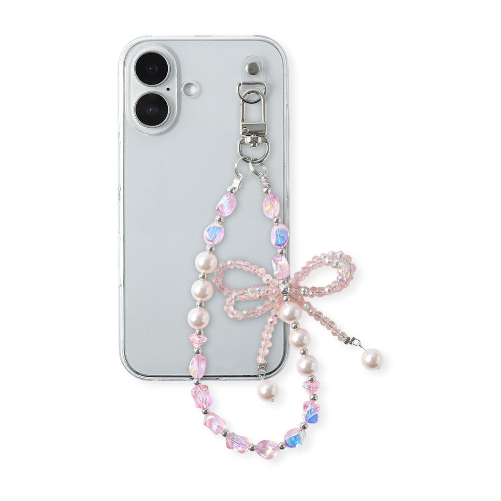 Coque transparente avec breloque perles et ruban, coque arrière
