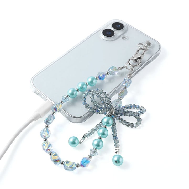 Coque transparente avec breloque perles et ruban, coque arrière