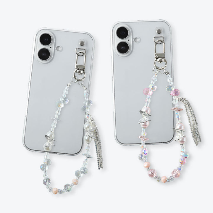 Coque transparente avec breloque en perles et franges, coque arrière