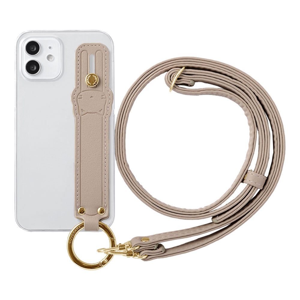 Clear case smooth fabric muted color with cat hand belt & shoulder strap attached back case for iPhone series