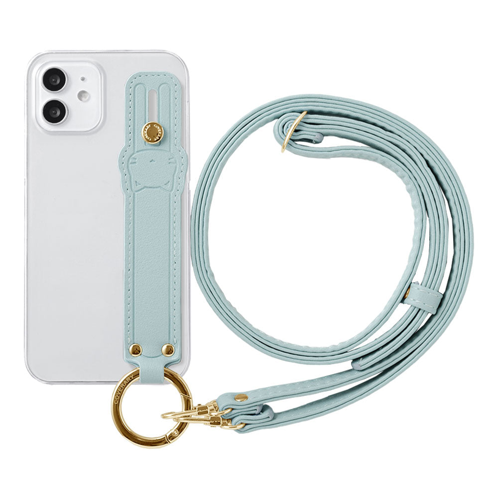 Clear case smooth fabric muted color with cat hand belt & shoulder strap attached back case for iPhone series