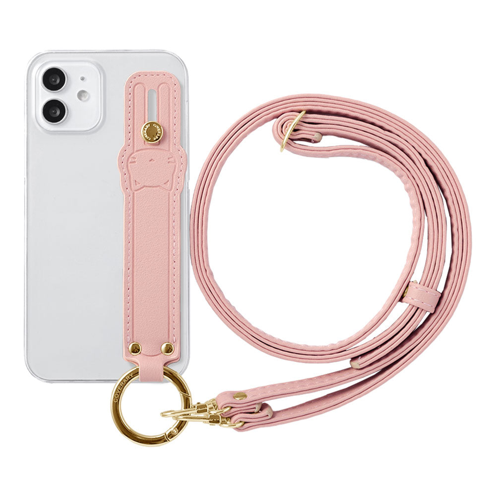 Clear case smooth fabric muted color with cat hand belt & shoulder strap attached back case for iPhone series