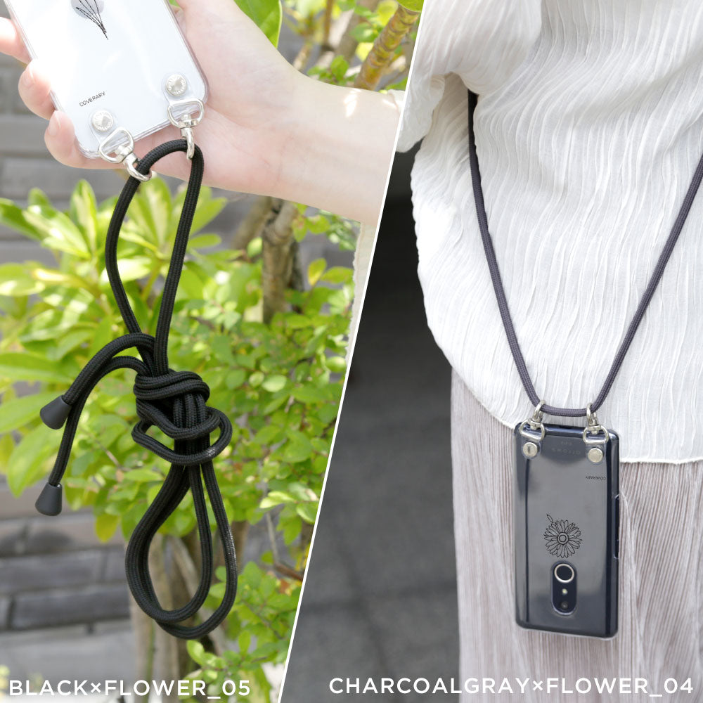 Clear case with shoulder strap, line art flower, back case for iPhone series