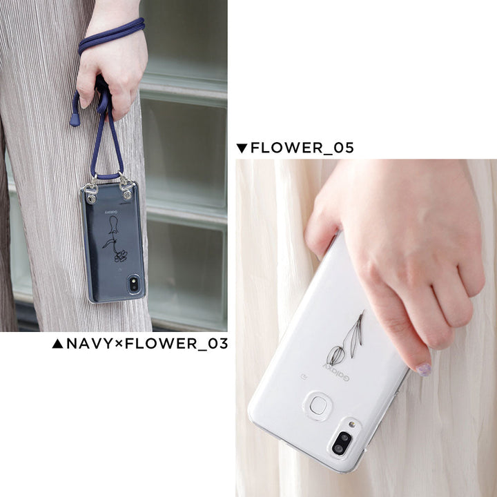 Clear case with shoulder strap, line art flower, back case for iPhone series