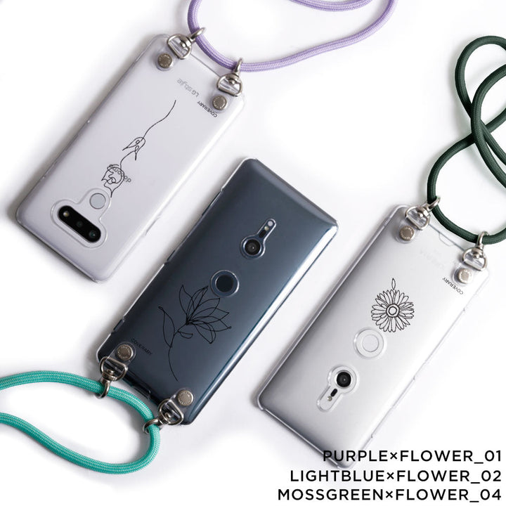 クリアケース ショルダーストラップ付き 線画 フラワー 背面ケース Xperiaシリーズ