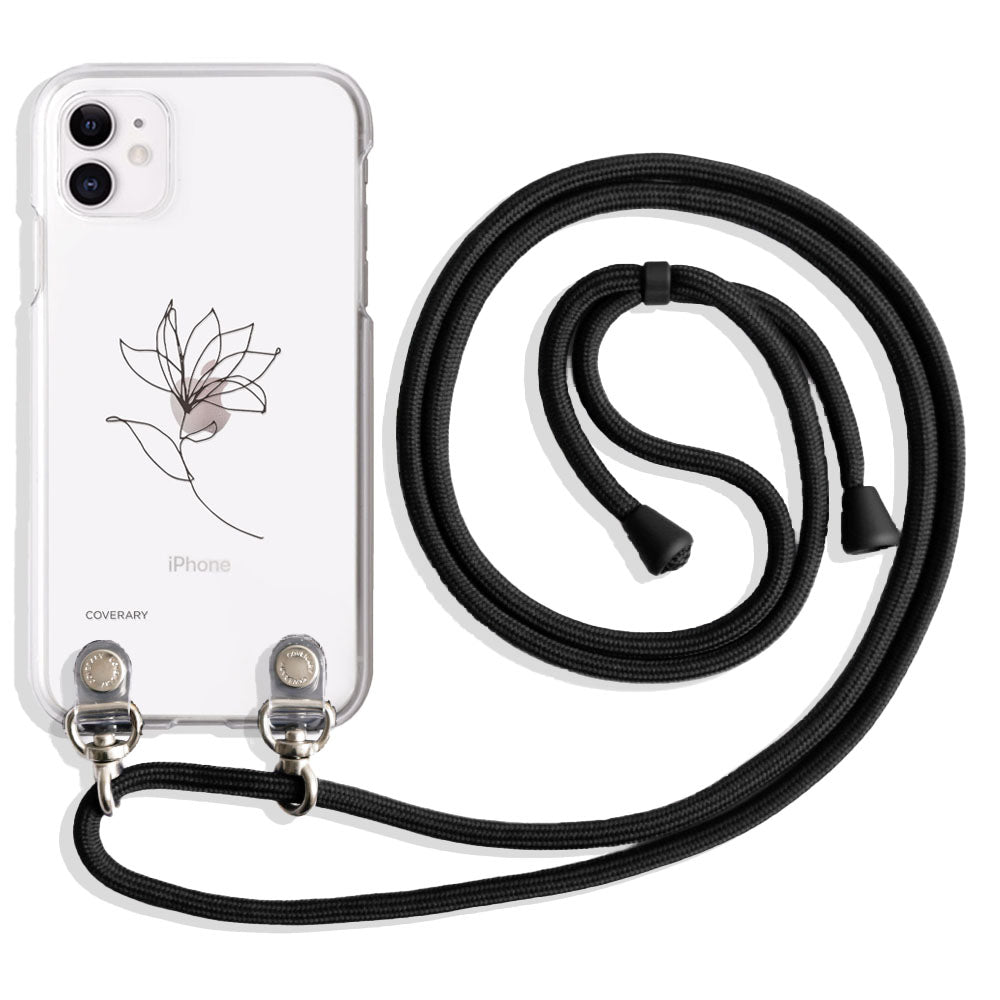 Clear case with shoulder strap, line art flower, back case for iPhone series