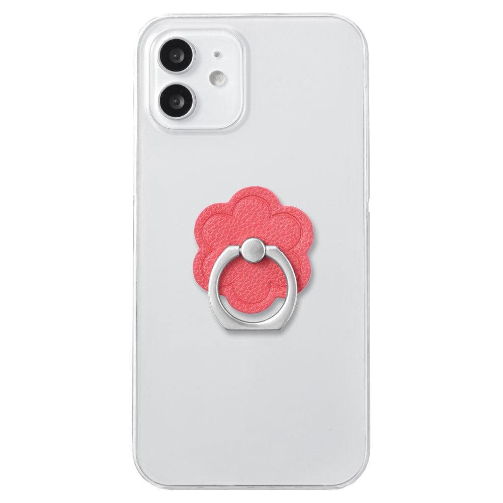 Clear Case Vegan Leather Basic Leather-style Smartphone Ring Attached Flower Back Case