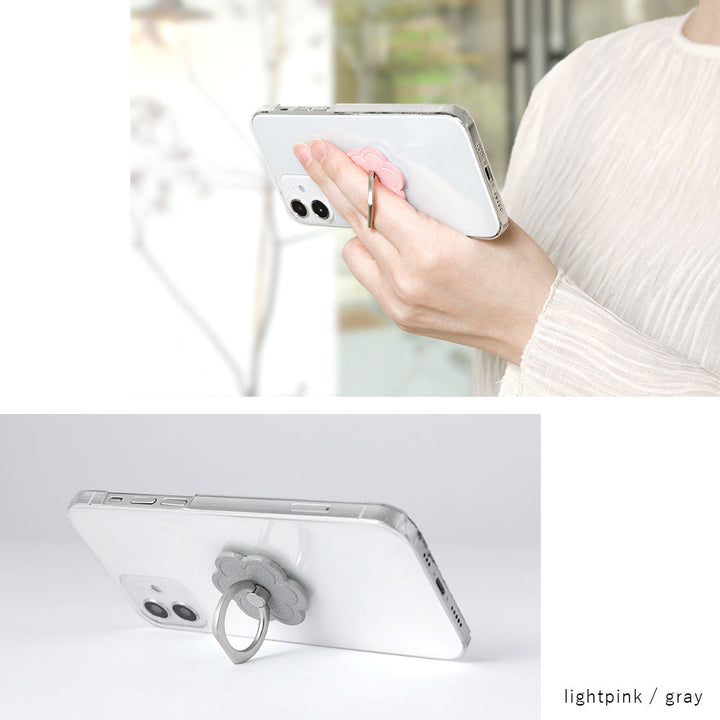 Clear Case Vegan Leather Basic Leather-style Smartphone Ring Attached Flower Back Case