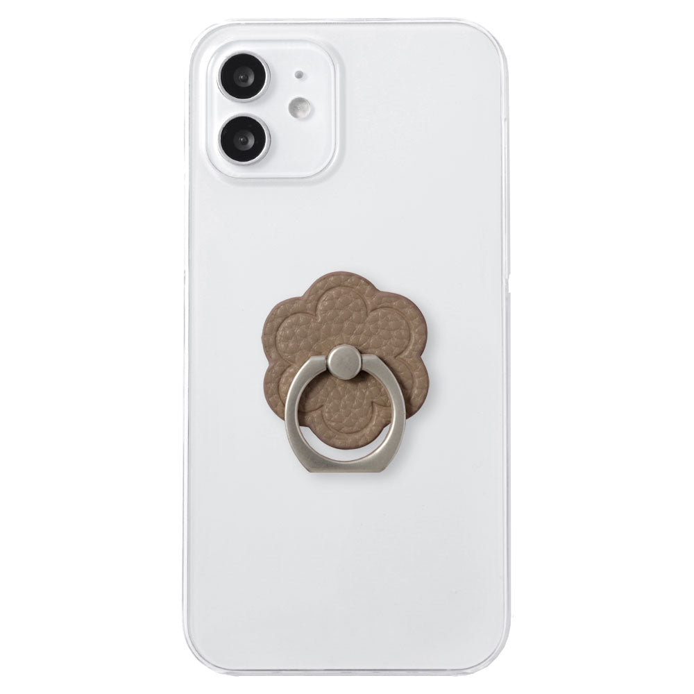 Clear Case Vegan Leather Grain Processed Flower With Smartphone Ring Back Case