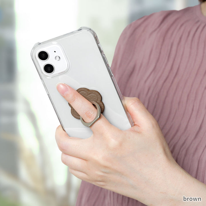 Clear Case Vegan Leather Grain Processed Flower With Smartphone Ring Back Case
