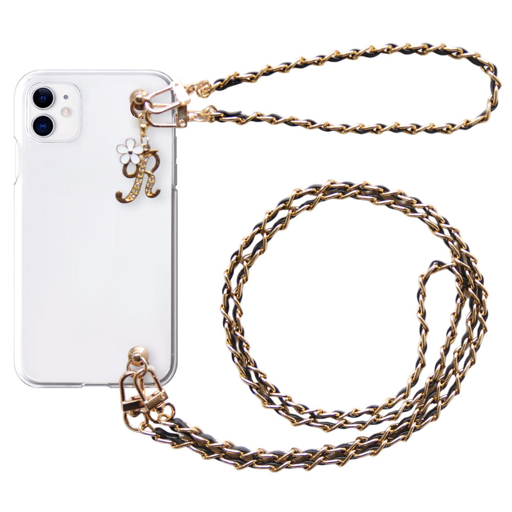 Clear case with flower initial charm, hand & shoulder strap, back case