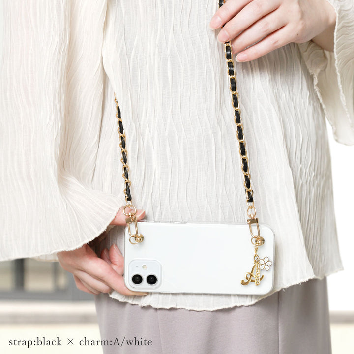 Clear case with flower initial charm, hand & shoulder strap, back case