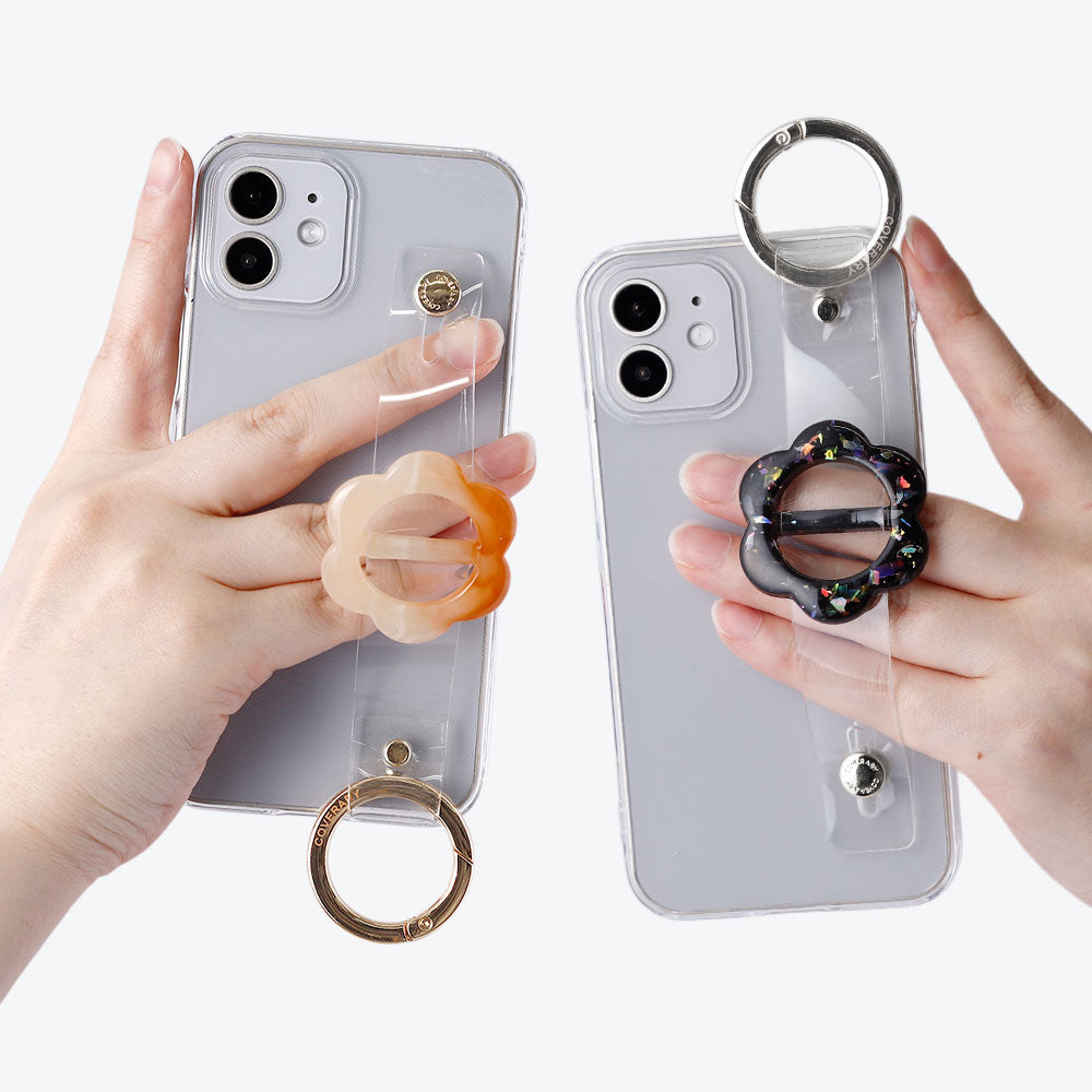 クリアケース 樹脂バックル フラワー ハンドベルト付き 背面ケース