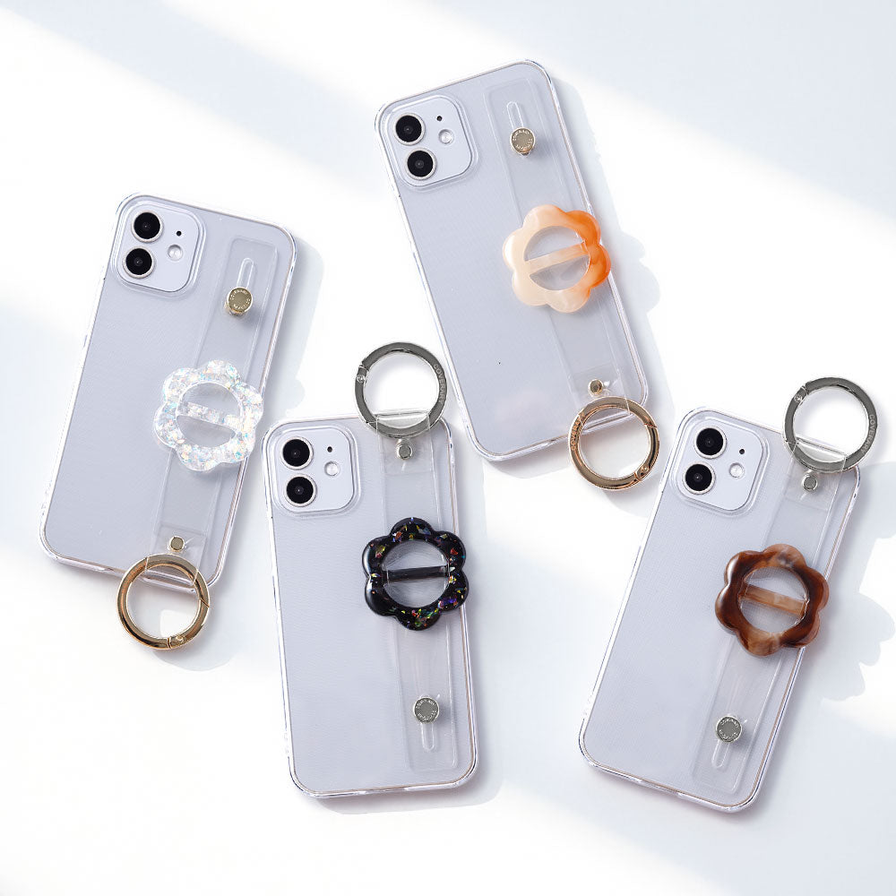 クリアケース 樹脂バックル フラワー ハンドベルト付き 背面ケース