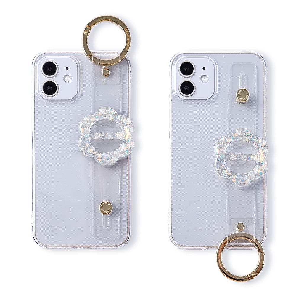 クリアケース 樹脂バックル フラワー ハンドベルト付き 背面ケース