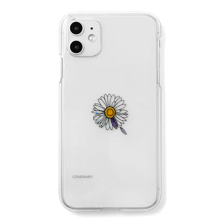 Coque transparente Résine×gravure laser Dessin au trait Fleur Coque arrière Série iPhone