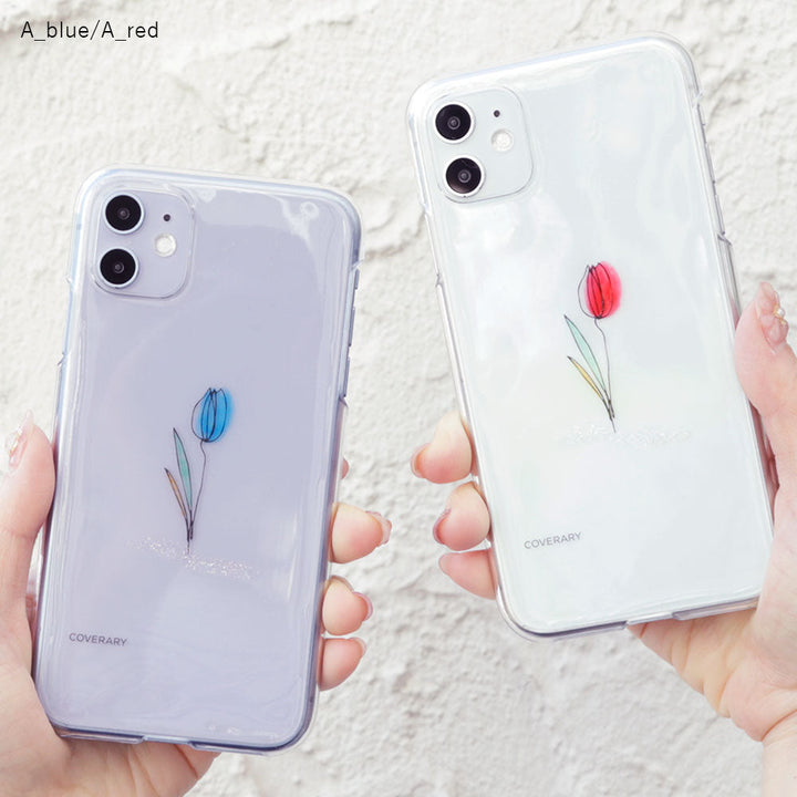 Coque transparente Résine×gravure laser Dessin au trait Fleur Coque arrière Série iPhone