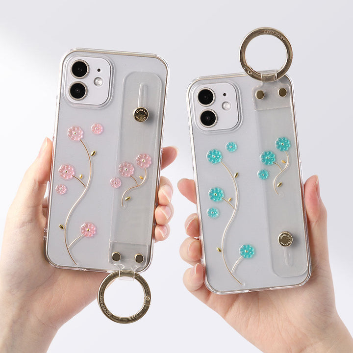 Étui transparent avec sangle de main Résine motif floral Étui arrière
