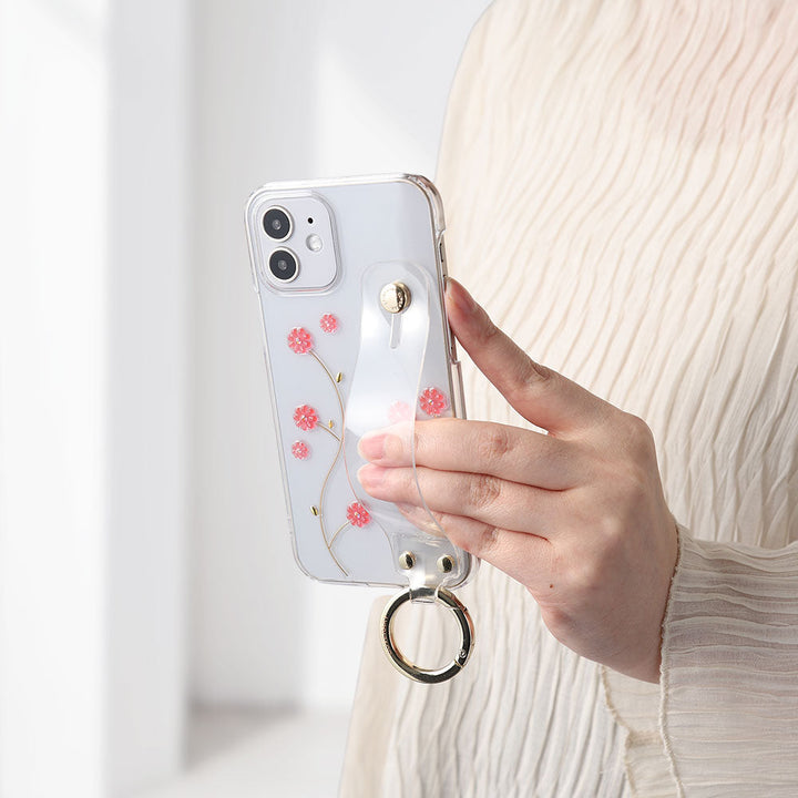 Étui transparent avec sangle de main Résine motif floral Étui arrière