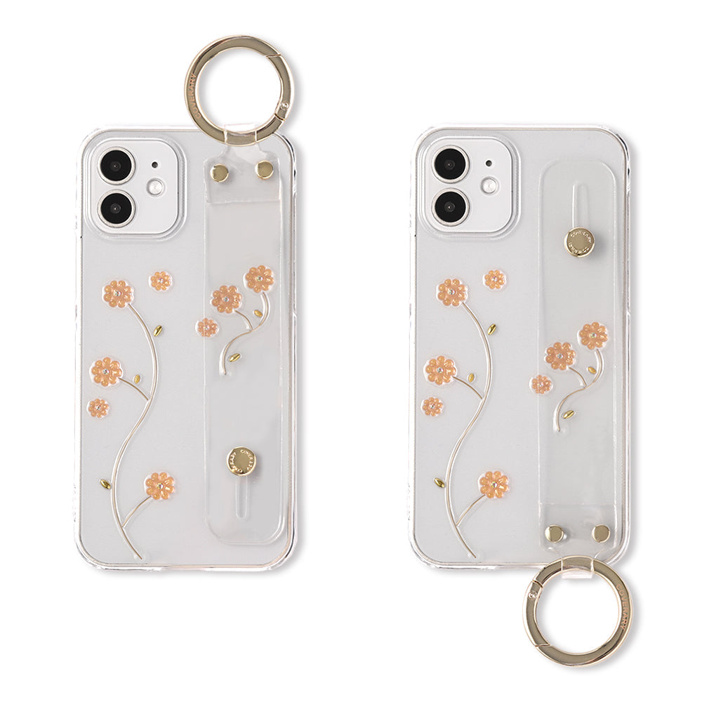 Étui transparent avec sangle de main Résine motif floral Étui arrière