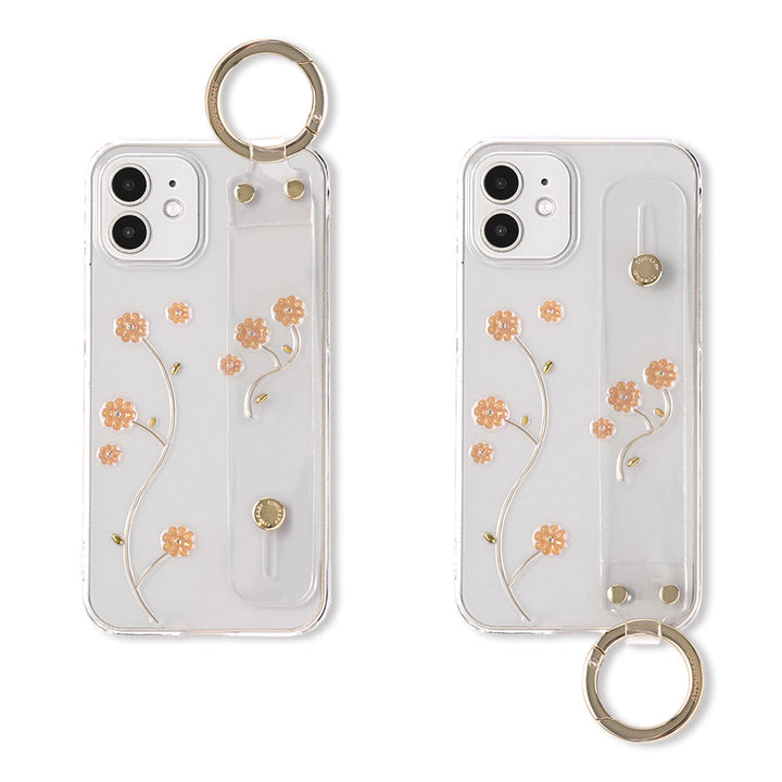 Étui transparent avec sangle de main Résine motif floral Étui arrière