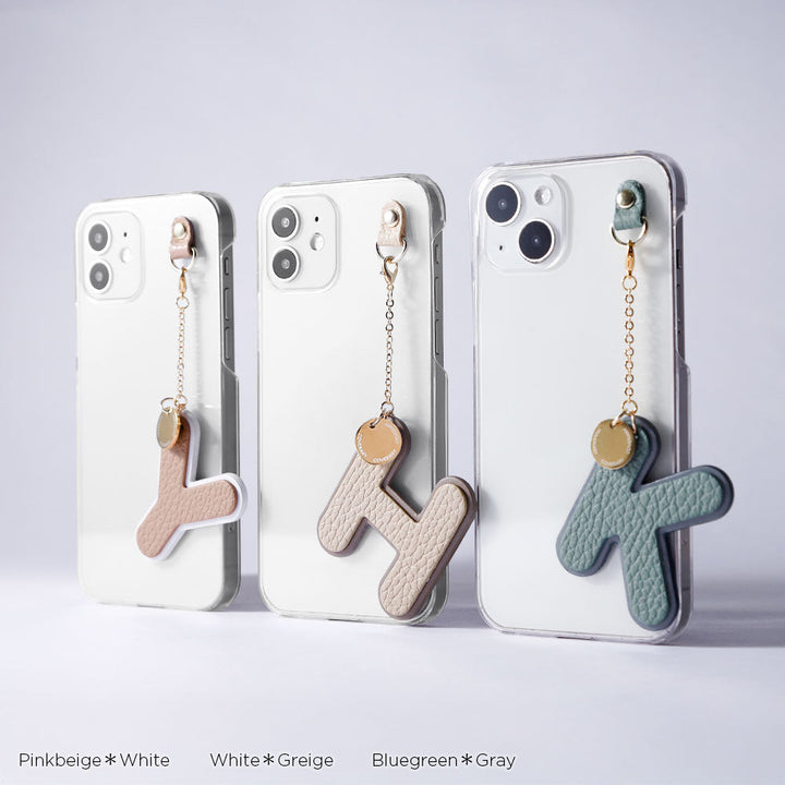 クリアケース 本革 イタリアンシュリンクレザー BIGレイヤーイニシャルチャーム 背面ケース Galaxyシリーズ