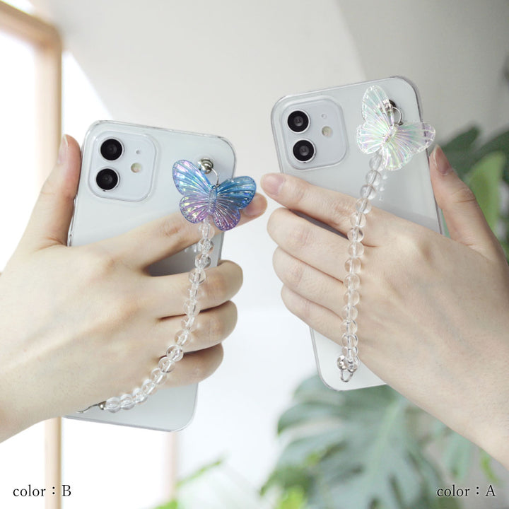 クリアケース バタフライチャーム ハンドベルト付き 背面ケース