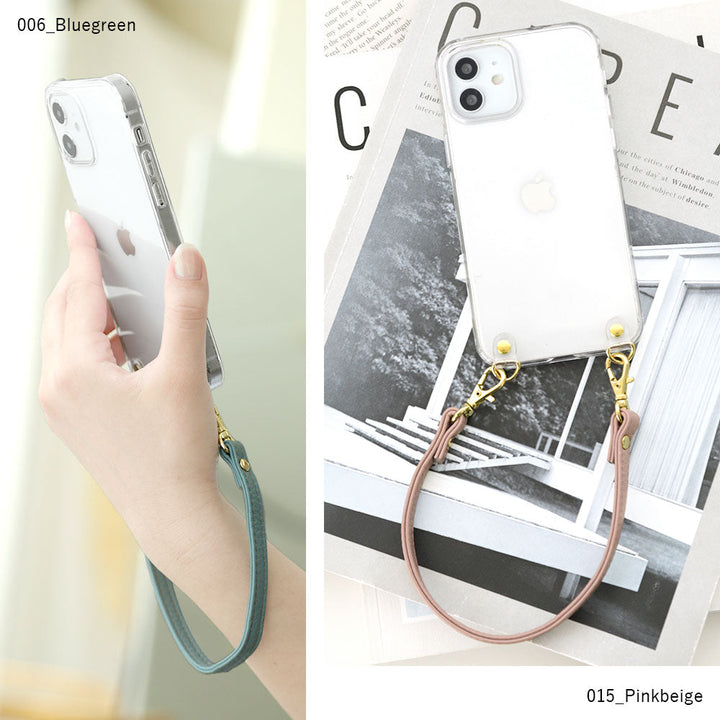 Coque transparente en cuir véritable 32 couleurs cuir italien grainé avec sangle courte coque arrière série iPhone