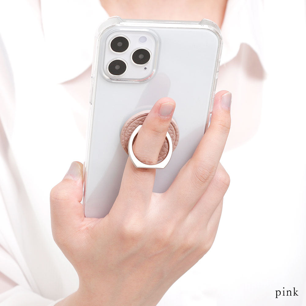 Clear Case Vegan Leather Grain Processing Smartphone Ring Attached Back Case