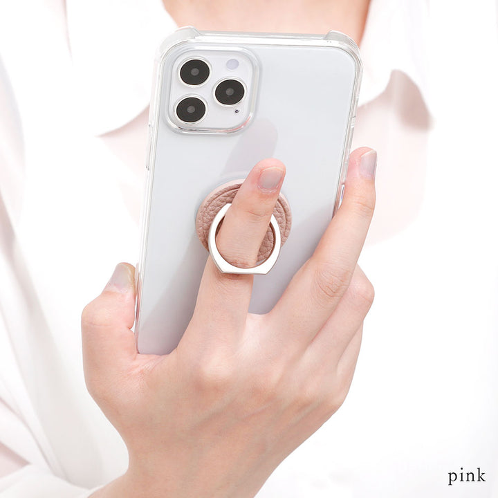 Clear Case Vegan Leather Grain Processing Smartphone Ring Attached Back Case