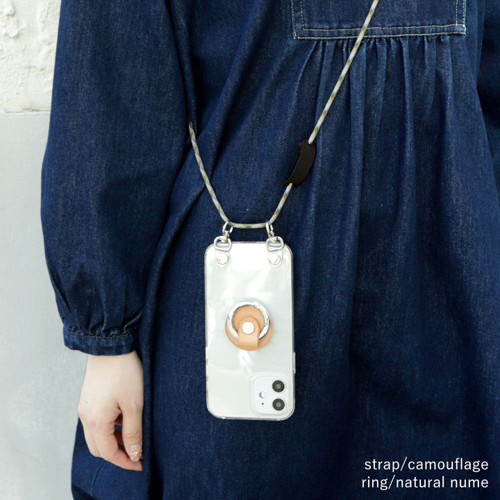 Clear case genuine leather Tochigi leather with smartphone ring & shoulder strap back case Xperia series