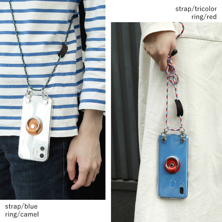 クリアケース 本革 栃木レザー スマホリング＆ショルダーストラップ付き 背面ケース