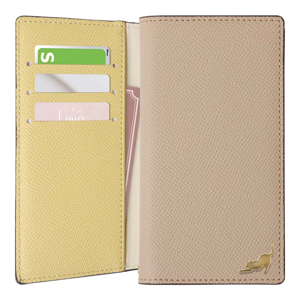 Étui portefeuille à deux tons en cuir végan avec fonction support et décoration chat doré pour la série iPhone