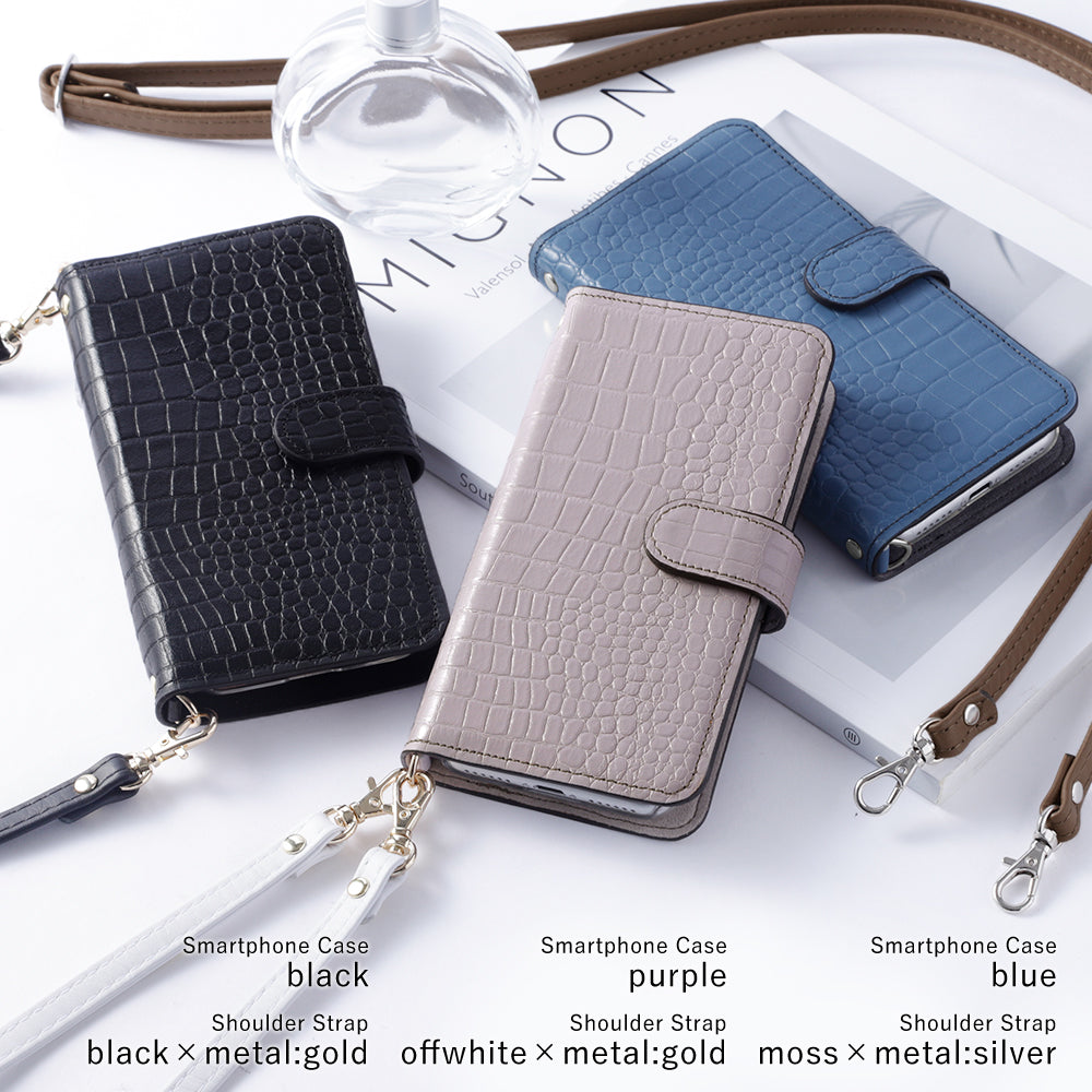 Genuine leather Domani Croco shoulder strap with stand function notebook-style case (with belt) for Xperia series