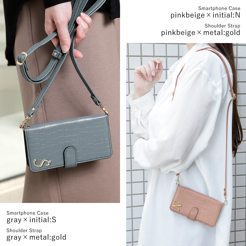 Genuine leather Domani Croco shoulder strap with initial deco stand function notebook-type case (with belt)