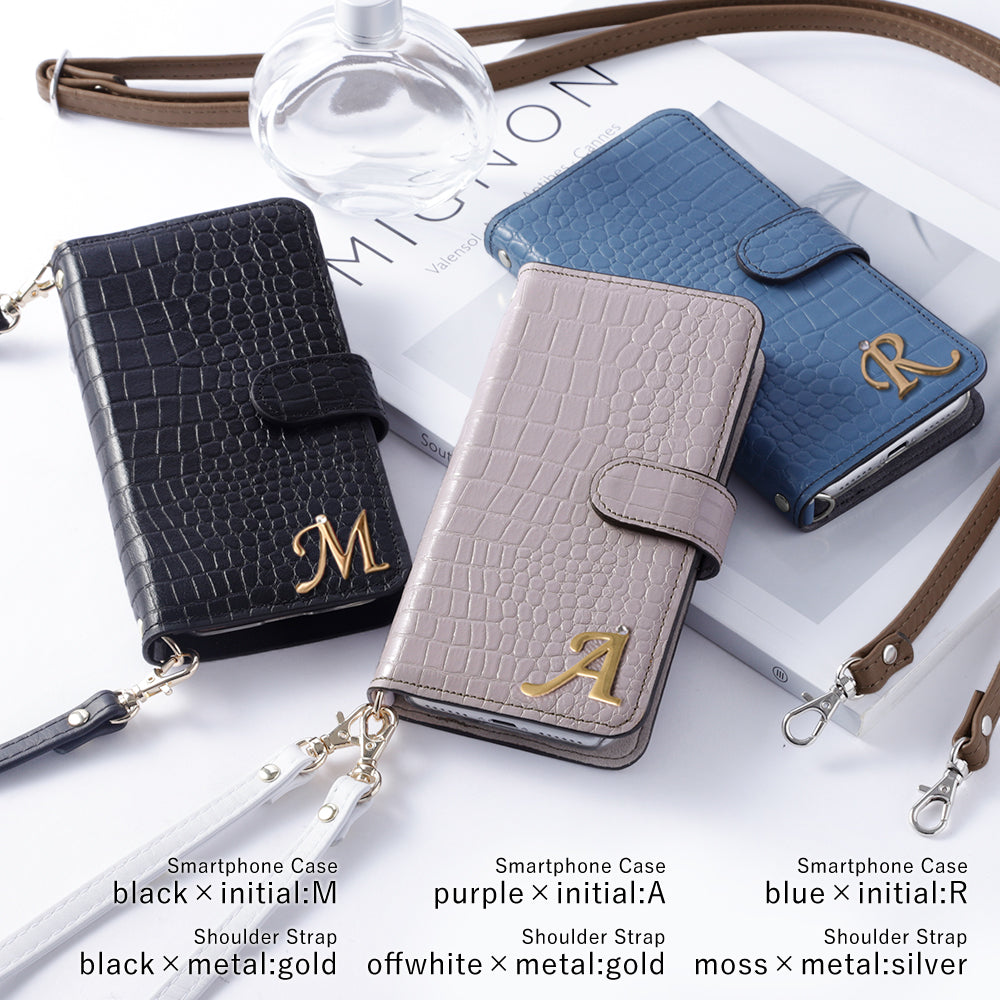 Étui portefeuille en cuir véritable Domani Croco avec bandoulière, décoration initiale, fonction support (avec ceinture) pour la série AQUOS