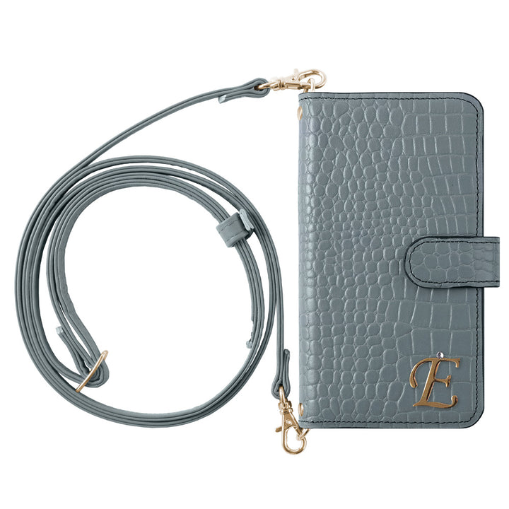 Genuine leather Domani Croco shoulder strap with initial deco stand function notebook-type case (with belt)