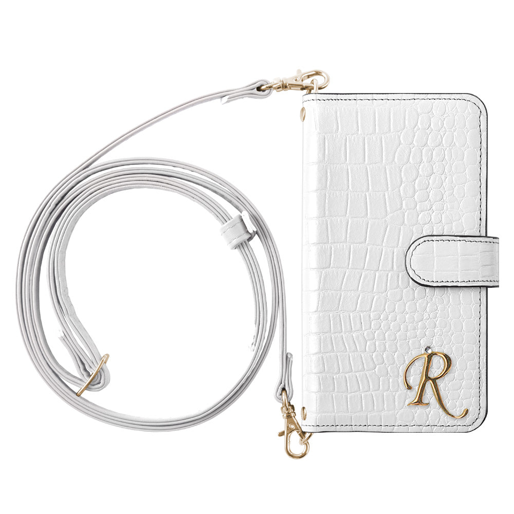 Étui portefeuille en cuir véritable Domani Croco avec bandoulière, décoration initiale, fonction support (avec ceinture) pour la série Google Pixel