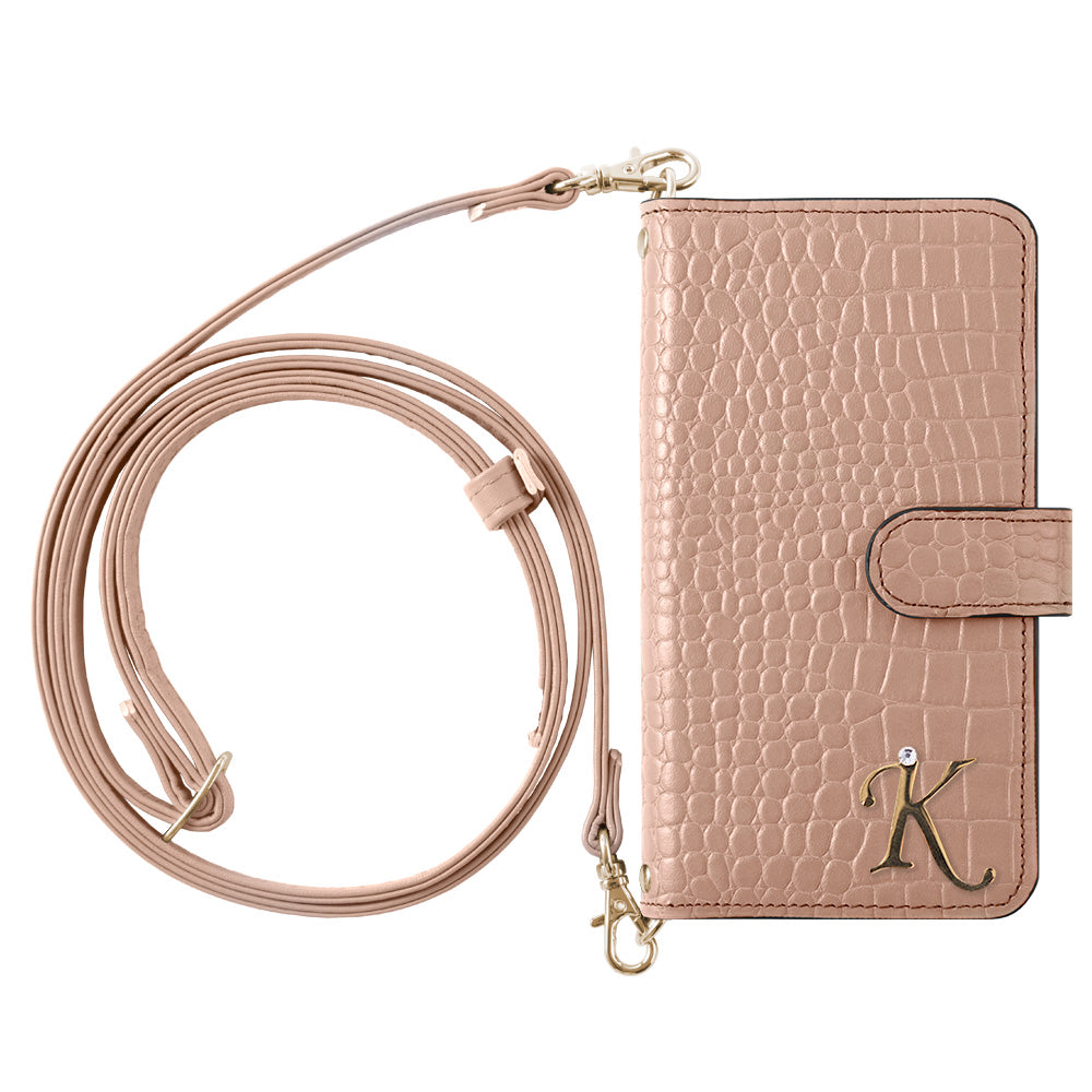 Étui portefeuille en cuir véritable Domani Croco avec bandoulière, décoration initiale, fonction support (avec ceinture) pour la série AQUOS