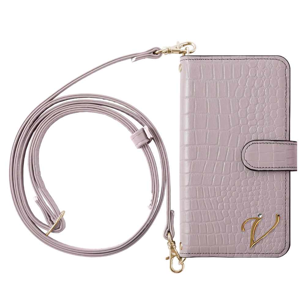 Genuine leather Domani Croco shoulder strap with initial deco stand function notebook-type case (with belt)