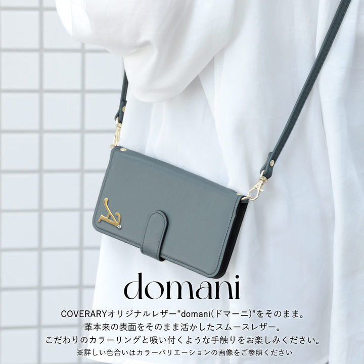 Étui portefeuille en cuir véritable Domani lisse avec bandoulière, décoration initiale, fonction support (avec ceinture) pour la série iPhone